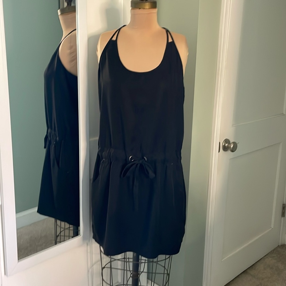 Athleta Black Drawstring Halter Adjustable Dress L with Pockets